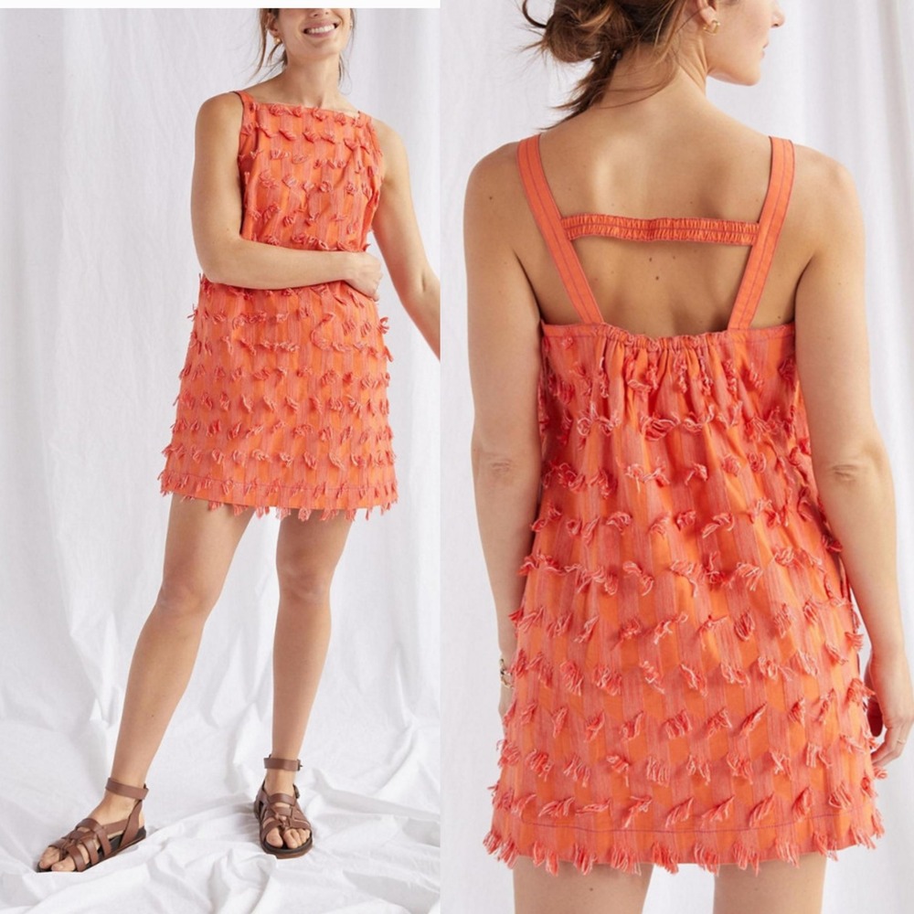 Anthropologie Orange Fringe Textured Tunic Mini Dress Pockets Square Neck Small